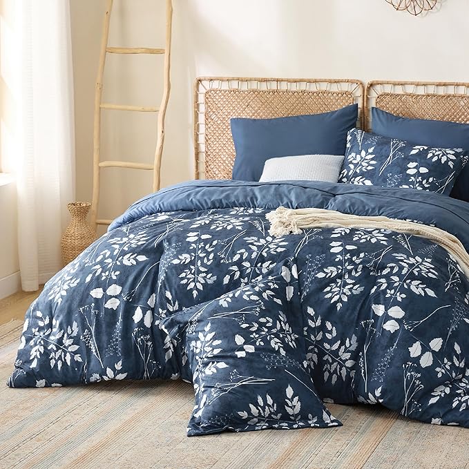 Bedsure Queen Comforter Set - 7 Pieces Floral Navy Soft Bedding Sets, Queen Bed in a Bag with Botanical Flowers Comforter, Sheets, Pillowcases & Shams