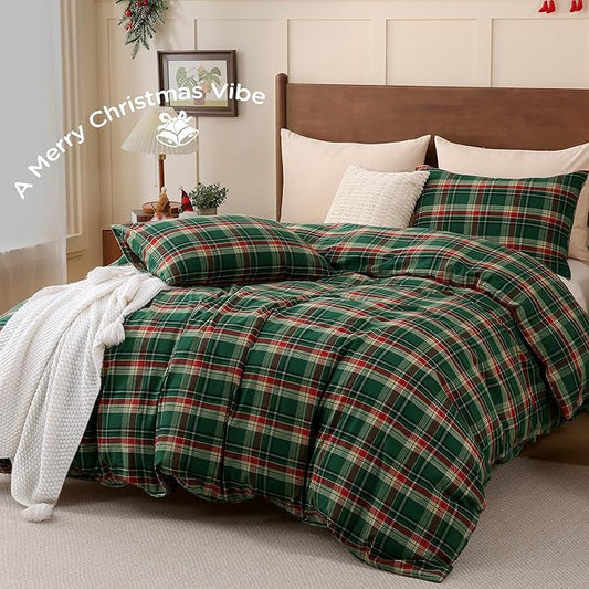 TOCOMOA Christmas Plaid Duvet Cover Set 100% Washed Cotton Like Linen Feel Super Soft Comfy 3 Piece Green Red Gingham Checkered Bedding Comforter Cover Set (Queen 90"x90", Comforter Not Included)