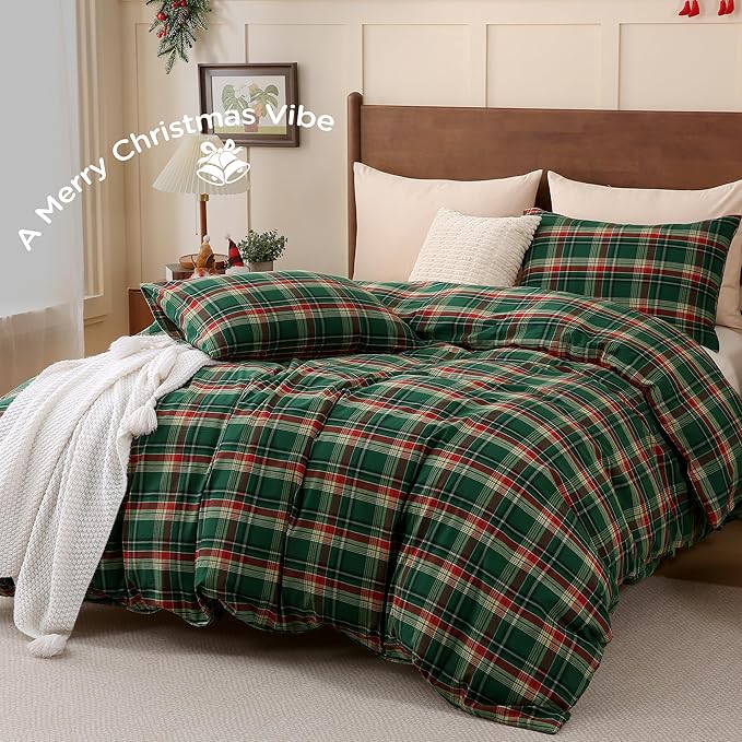TOCOMOA Christmas Plaid Duvet Cover Set 100% Washed Cotton Like Linen Feel Super Soft Comfy 3 Piece Green Red Gingham Checkered Bedding Comforter Cover Set (Full 80"x90", Comforter Not Included)