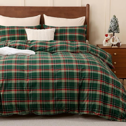 TOCOMOA Christmas Plaid Duvet Cover Set 100% Washed Cotton Like Linen Feel Super Soft Comfy 2 Piece Green Red Gingham Checkered Bedding Comforter Cover Set (Twin 68"x90", Comforter Not Included)