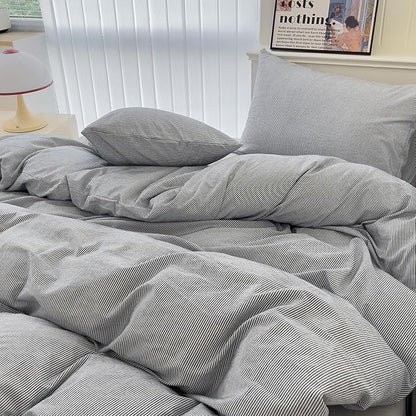 mixinni Grey Striped Duvet Cover Queen Size - 100% Washed Cotton Pinstripe Comforter Cover with Zipper Closure, Lightweight & Breathable, 3 Pieces Minimalist Stripes Pattern Printed Bedding Set
