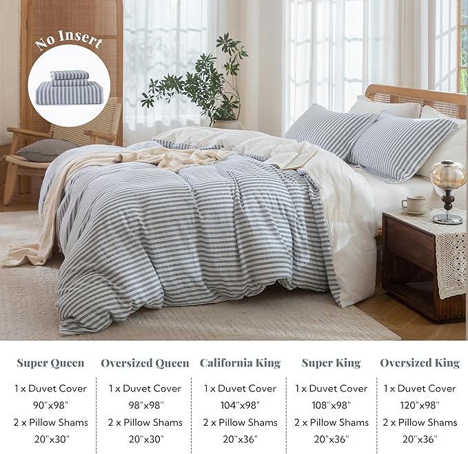 MILDLY Blue Striped Duvet Cover - 100% Washed Cotton Jacquard Textured Comforter Cover with Dual Zipper Closure & 8 Coner Ties