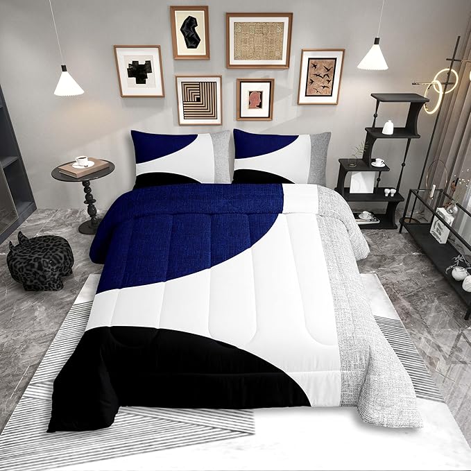 Erosebridal Navy Blue Abstract Comforter Set Twin,Black and White Boho Geometric Circle Bedding for Minimalist,Striped Lines Modern Art Quilt,Watercolor Creative Artwork Bedding Comforter Sets