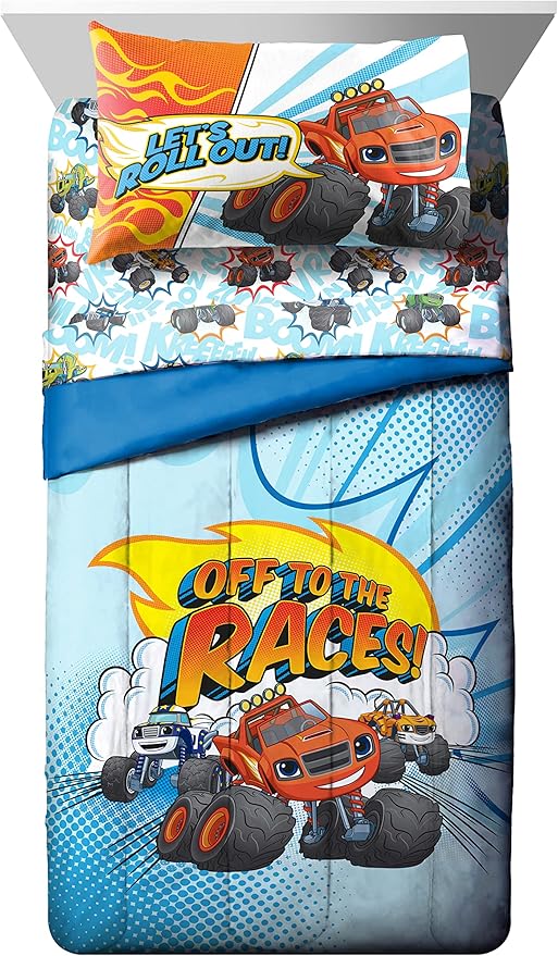 Jay Franco Blaze and The Monster Machines Off to The Races 4 Piece Toddler Size Bed Set – Super Soft Microfiber Bed Set Includes Size Comforter & Sheet Set (Official Blaze Product)