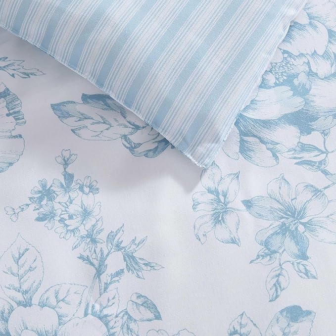 Laura Ashley - Twin Comforter Set, Soft & Reversible Floral Bedding with Bonus Bed Sheets & Pillowcases, 5 Piece Bed Set for Year Round Comfort (Delphine Saras/Sprig Blue)