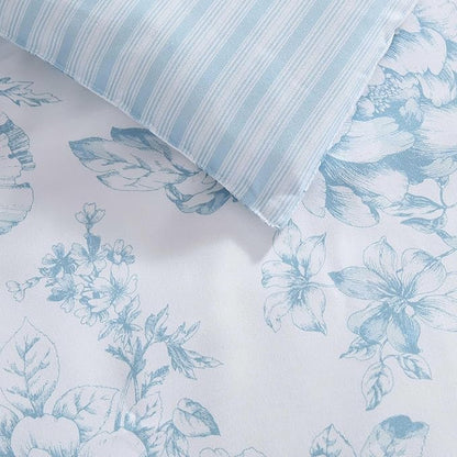 Laura Ashley - Twin Comforter Set, Soft & Reversible Floral Bedding with Bonus Bed Sheets & Pillowcases, 5 Piece Bed Set for Year Round Comfort (Delphine Saras/Sprig Blue)
