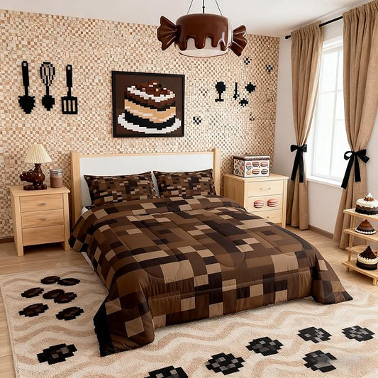 Pixelated Kids Bedding Set King Size,Grid Army Camo Pixel Games Comforter Set，Cartoon Gamepad Video Games Quilt Comforter,Brown Bedroom Duvet Insert,2 Pillowcases