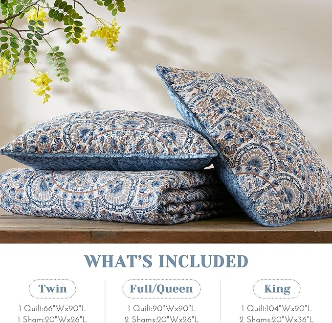 Comfort Spaces Valerie Boho Quilt Set King Blue - Soft Lightweight Bedding with Watercolor Medallion Design, Reversible All Season Quilt for Master Bedroom or Guest Room