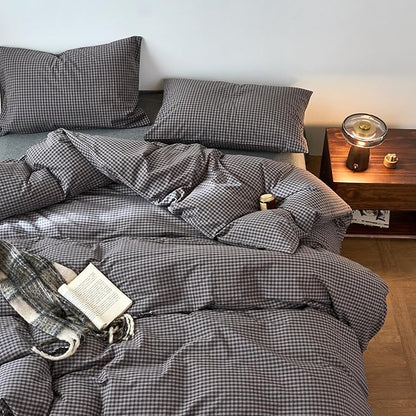 EAVD Vintage Style Dark Grey Plaid Duvet Cover Twin 100% Washed Cotton Like Linen Feel Soft Red Grid Gingham Bedding Set with 2 Pillowcases Reversible Retro Dark Grey Gingham Duvet Cover with Zipper