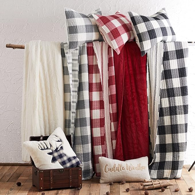 Levtex Home - Camden Quilt Set -King Quilt + Two King Pillow Shams - Buffalo Check in Red and Cream - Quilt Size (106 x 92 in.) and Pillow Sham Size (36 x 20 in.) - Reversible Pattern - Cotton
