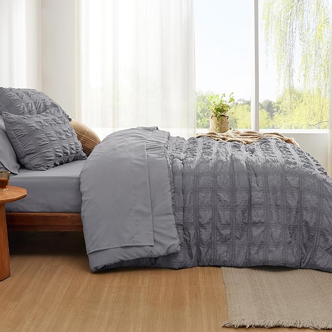 Bedsure Bed in a Bag King - 7 Pieces Plaid Seersucker Bedding Comforter Sets, Soft Lightweight Grey Boho Bed Set with Comforters King Size, Sheets, Pillowcases & Shams