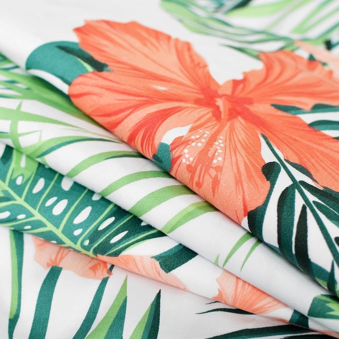 FADFAY Hawaiian Style Red Hibiscus Palm Leaves Tropical Duvet Cover Set Summer Bedding Super Soft 100% Cotton,1 Duvet Cover & 2 Pillow Shames, King Size