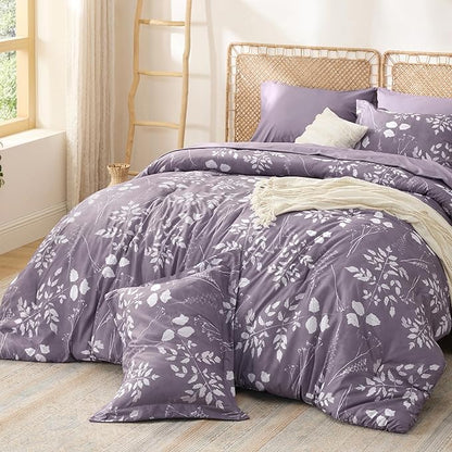 Bedsure Grayish Purple Twin Comforter Set - 5 Pieces Floral Bedding Sets Twin Bed in a Bag with Reversible Botanical Flowers Comforter, Sheets, Pillowcase & Sham