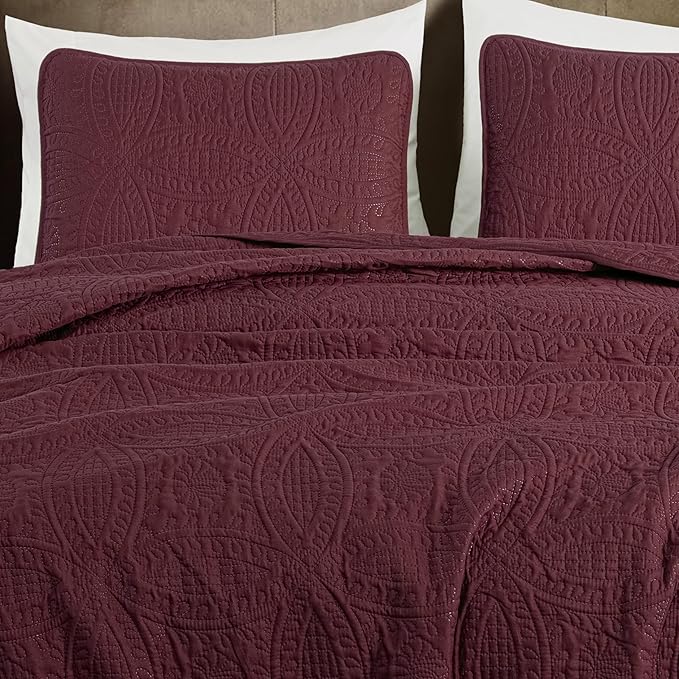 Chezmoi Collection Austin 3-piece Oversized Bedspread Coverlet Set (Queen, Burgundy) | Oversized, Lightweight, Fade Resistant