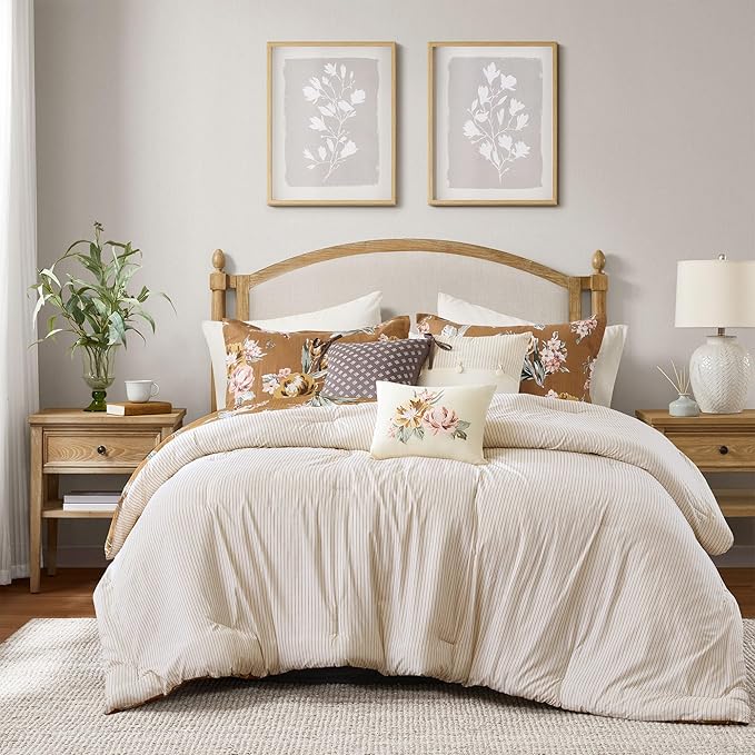 Madison Park Vintage Floral Reversible Comforters King Size Bed, All Season, Down Alternative Bedding Comforter, Bedskirt, Pillows, Shams, Salara, King Terracotta 7 Piece | Reversible