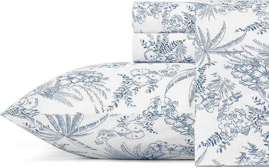 Tommy Bahama - King Size Sheets Set, Crisp & Tailored Cooling Sheets with a Smooth Cotton Percale Lightweight Feel - Bed Sheets with Matching Pillowcases & Fitted Sheet (Pen and Ink Palm Blue)
