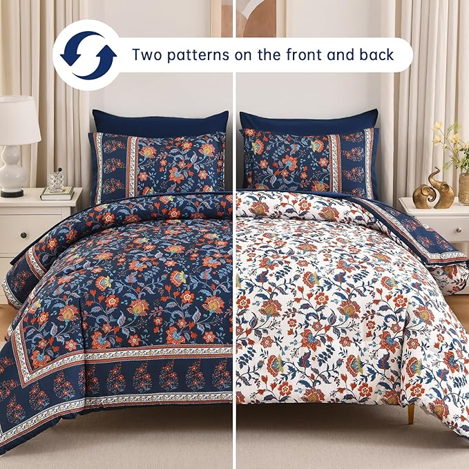 Dinjoy Comforter Set King Size Boho, Reversible Navy Bedding Paisley Floral 7 Piece Bed in a Bag Soft Lightweight Bohemain Comforters with Sheet Sets for All Season