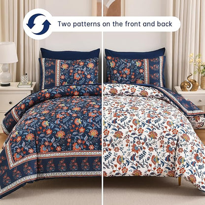 Dinjoy Comforter Set King Size Boho, Reversible Navy Bedding Paisley Floral 7 Piece Bed in a Bag Soft Lightweight Bohemain Comforters with Sheet Sets for All Season