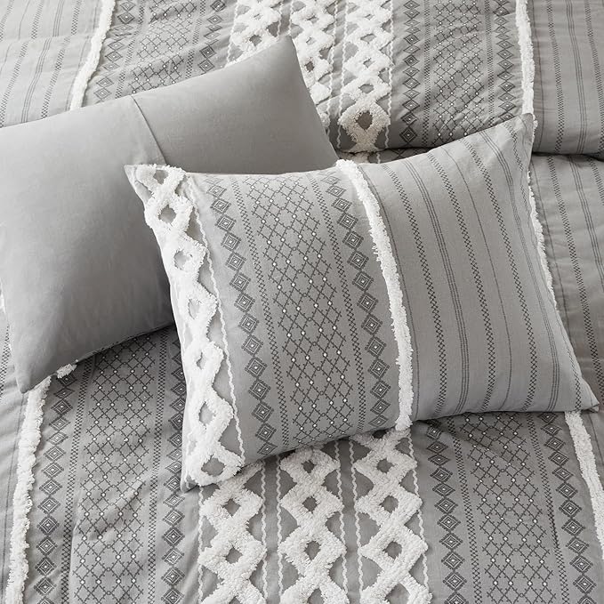 INK+IVY Imani 100% Cotton Duvet Mid Century Modern Design, All Season Comforter Cover Bedding Set, Matching Shams, Full/Queen, Gray Chenille Tufted Accent 3 Piece