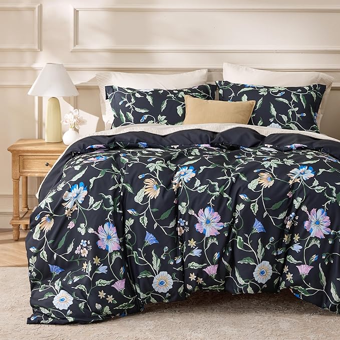 Bedsure Duvet Cover Queen Size - Reversible Black Vine Flowers Duvet Cover Set with Zipper Closure, 3 Pieces Black Bedding Set with 8 Corner Ties and 2 Pillow Shams 20"x26"