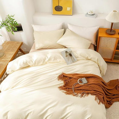 ECOCOTT Duvet Cover Queen Size - 3 Piece 100% Washed Cotton Bedding Set, Soft and Breathable with Zipper Closure & 8 Corner Ties - Comfortable and Stylish for All Seasons (Cream)
