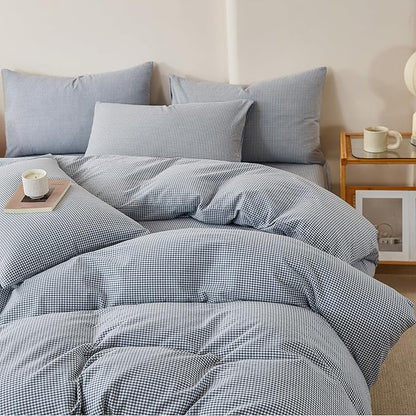 Blue Gingham Full Size Duvet Cover Washed Cotton Plaid Comforter Cover Full Size Farmhouse Boho Soft Breathable Duvet Cover Set with 2 Pillowcases Checkered Zipper Bedding Cute Duvet Protector