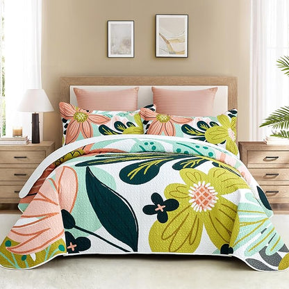 3 Piece Boho Floral King Size Quilt Sets Farmhouse Reversible Lightweight Bedspread Coverlet with 2 Shams Mid Century Botanical Leaves Microfiber Bedding Quilts Set for All Season, 106''x96''