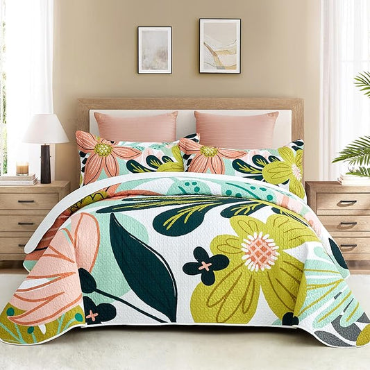 3 Piece Boho Floral King Size Quilt Sets Farmhouse Reversible Lightweight Bedspread Coverlet with 2 Shams Mid Century Botanical Leaves Microfiber Bedding Quilts Set for All Season, 106''x96''