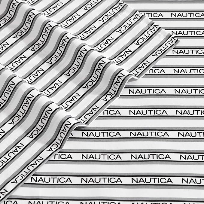 Nautica - Full Sheet Set, Breathable & Cooling Microfiber Bedding with Matching Sham(s), Casual Bedding Set (Striped Nautica Logo Grey, Full)