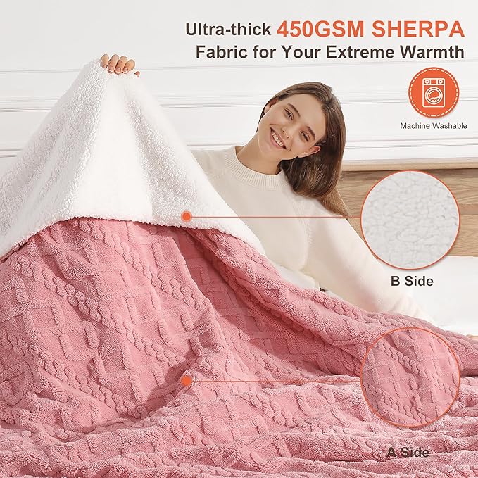 Heated Throw Blanket 50"x60" with 5 Heating Levels & 4 Hours Auto Off, Soft & Plush Sherpa Electric Blanket Throw with ETL & FCC Certification for Home Use, Machine Washable, Great Gift, Pink