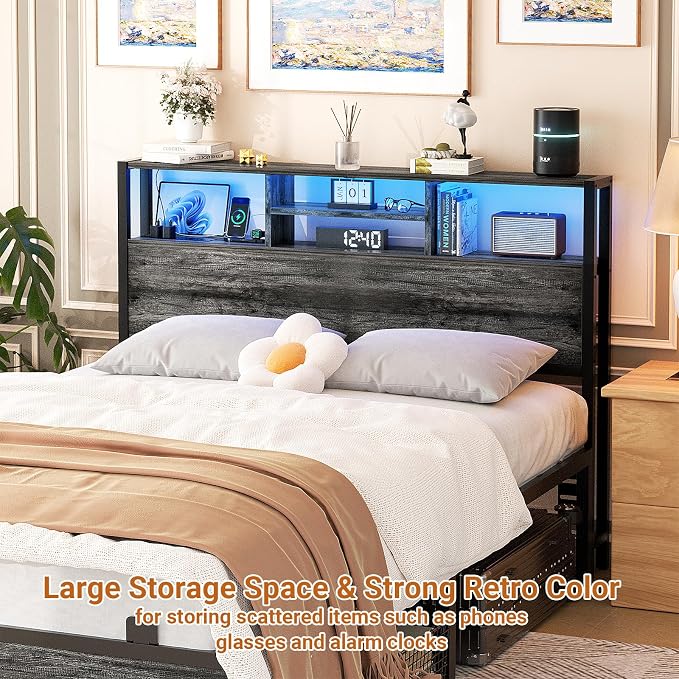 Aheaplus Headboard for Full Size Bed with Storage, Headboards with Outlets | Full Size Head Board Only, with USB Ports and LED Light, Height Adjustable, Reversible, Sturdy & Stable Headboard, Black Oak