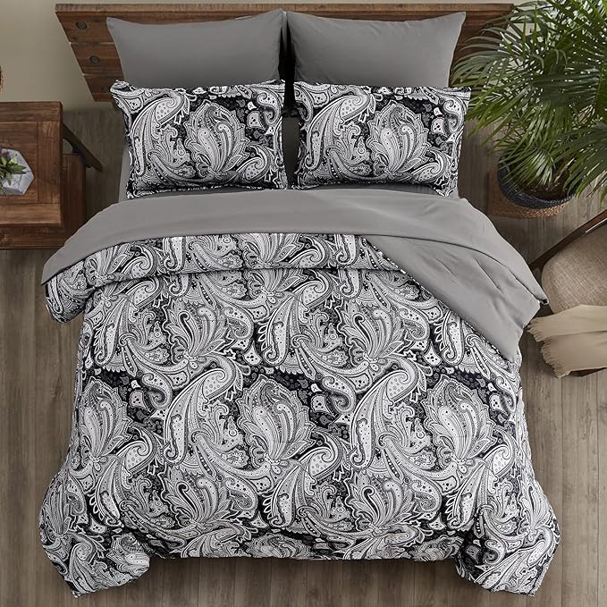 DJY Black Paisley Comforter Set King Size, 7 Piece Bed in a Bag Black Gray Boho Paisley Pattern Comforter Set, Soft Lightweight Microfiber Reversible Bedding Set for All Season (104''x90'')