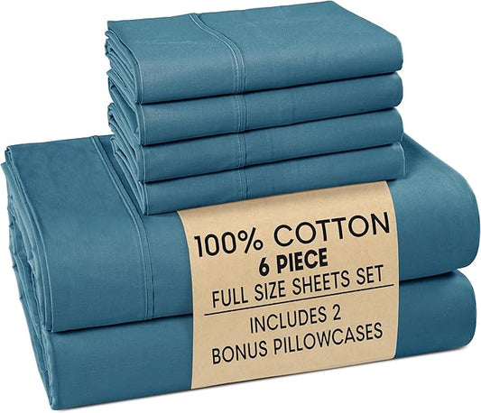 Casa Platino Sheet Set Full Size – 100% Cotton Bed Sheets Full with 4 Pillowcases, Ultra Soft & Cozy, Lightweight & Breathable, With 15" Deep Pocket Fitted Sheet, Perfect Everyday Sheets – Blue Heaven