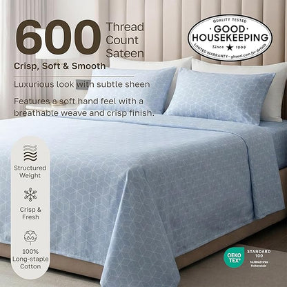 California Design Den King Size Sheet Set - 100% Cotton, 600 Thread Count, Deep Pocket King Sheets, Premium-Feel Bedding with Sateen Weave - Urban Geometric Print