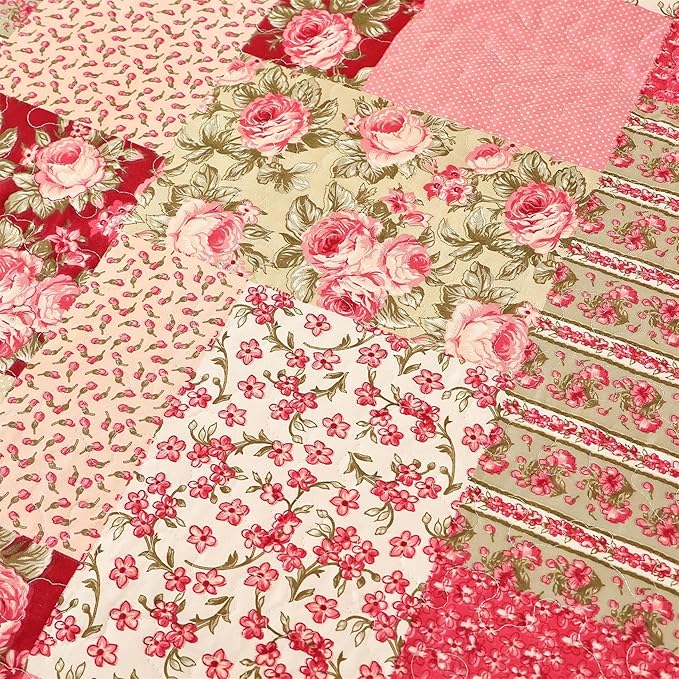 Cmfshape Summer Floral California King Bedspread,Romantic Pink Quilt Set King,Reversible Stitched Bedding Set All Season,Soft Lightweight Coverlet with Pillow Cases (Hot Pink&Rose, King106 x96)