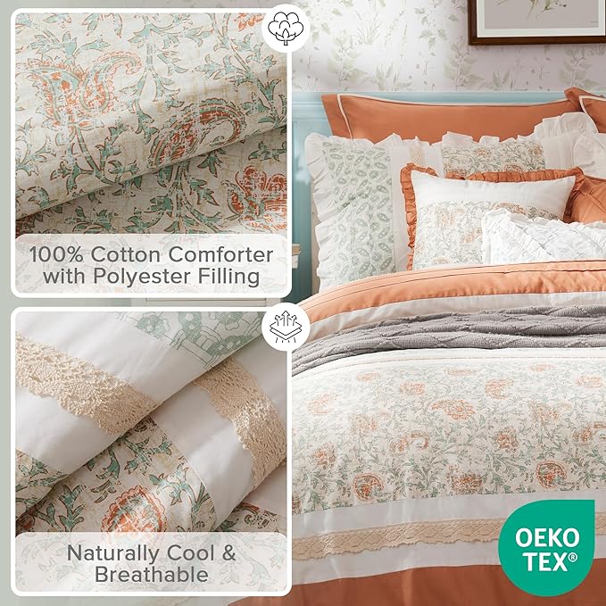 Madison Park Dawn 100% Cotton Shabby Chic Comforter Set-Modern Cottage Design All Season Down Alternative Bedding, Matching Shams, Bedskirt, Decorative Pillows, King(104"x92"), Coral 9 Piece