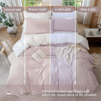 MILDLY Jacquard Stripe Duvet Cover - 100% Washed Cotton Pale Mauve Boho Textured Comforter Cover 3pcs with Zipper Closure 90"x90"