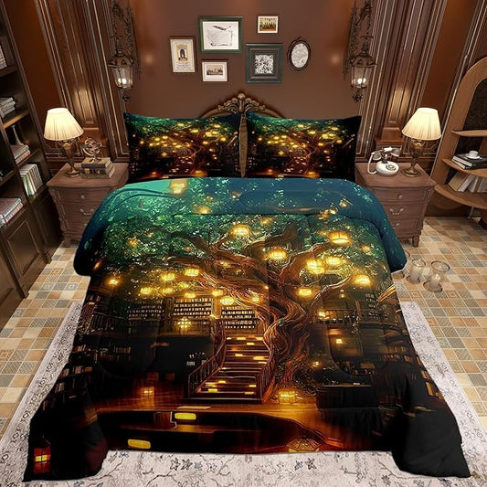 Castle Fairy Bookshelf Bookcase King Size Comforter/Duvet Set,Magical Mysterious Style Ultra Soft Bed Collection,Modern Building Trees Bedding for Room Decor 3 Pcs,Microfiber Breathable