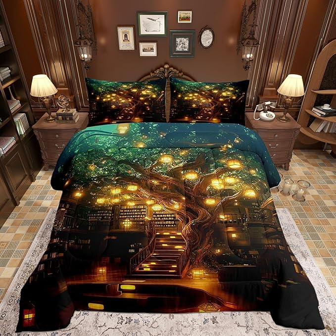 Castle Fairy Modern Building Trees Bedding Set,Bookshelf Bookcase All Season Cozy Comforter Set Full with 2 Pillowcases,Magical Mysterious Style Duvet Set Bedroom Decor,Personalized Birthday Gifts