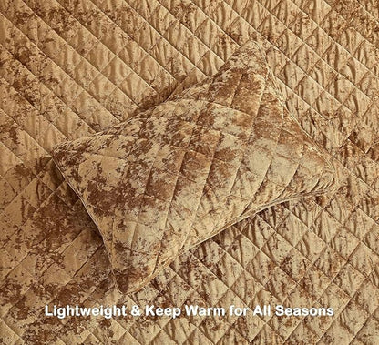Chezmoi Collection Lux Caramel Gold Velvet Quilt Oversized King Set, 3-Piece Plush Distressed Velvet Bedding All Season Lightweight Comforter Brushed Microfiber Reverse with Diamond Stitch Quilting