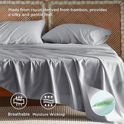 Bedsure Full Size Bed Sheets, Cooling Sheets, Rayon Derived from Bamboo, PureWoven, Breathable & Soft, Deep Pocket Up to 16 Inches, Hotel Luxury Silky Bedding for Hot Sleepers, Silver Grey