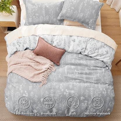 Bedsure Duvet Cover Full Size - Reversible Grey Full Duvet Cover Set with Zipper Closure, 3 Pieces Cute Floral Botanical Pattern Bedding Set with 8 Corner Ties and 2 Pillow Shams