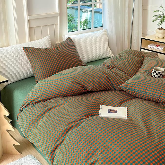 LifeTB Gingham Comforter Set Full Modern Style Orange Green Plaid Grid Comforter Soft Fluffy 3 Pieces Checkered Pattern Comforter Set Farmhouse Gingham Bedding Comforter with 2 Pillowcases