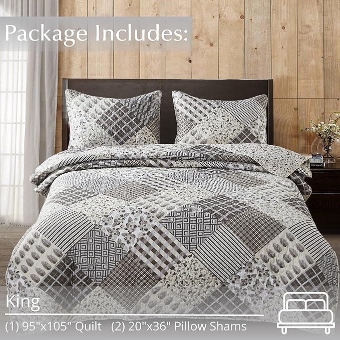 Virah Bella Quilt Bedding Set in King Phyllis Dobbs Charming Grays Printed Lightweight Reversible Quilt with 2 Matching Pillow Shams - Cozy & Beautiful Contemporary-Themed Bedding
