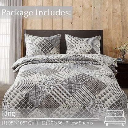 Virah Bella Quilt Bedding Set in King Phyllis Dobbs Charming Grays Printed Lightweight Reversible Quilt with 2 Matching Pillow Shams - Cozy & Beautiful Contemporary-Themed Bedding