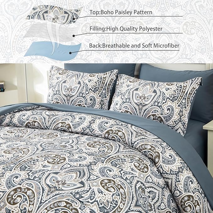 Drucon Blue Paisley Comforter Set Full,7 Pieces Bed in a Bag Comforter Boho Paisley Pattern Bedding Set Soft Microfiber(1 Comforter,1 Flat Sheet, 1 Fitted Sheet,2 Pillowcases, 2 Pillow Shams)