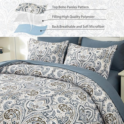 Drucon Blue Paisley Comforter Set Full,7 Pieces Bed in a Bag Comforter Boho Paisley Pattern Bedding Set Soft Microfiber(1 Comforter,1 Flat Sheet, 1 Fitted Sheet,2 Pillowcases, 2 Pillow Shams)