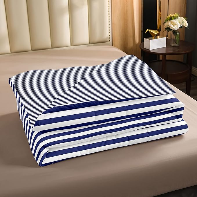 Navy Blue Stripe Comforter Set King Size White Geometric Ticking Stripes Reversible Down Comforter Farmhouse Horizontal Stripes Gothic Home Decor Duvet Set Modern Abstract Striped Bedding Set
