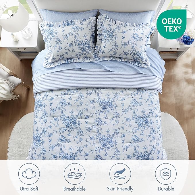 Madison Park Essentials Adele Blue Floral King Size Comforter Set – Vintage Bed in a Bag with Sheets, Reversible Ruffle Bedding, Elegant Gift for Her