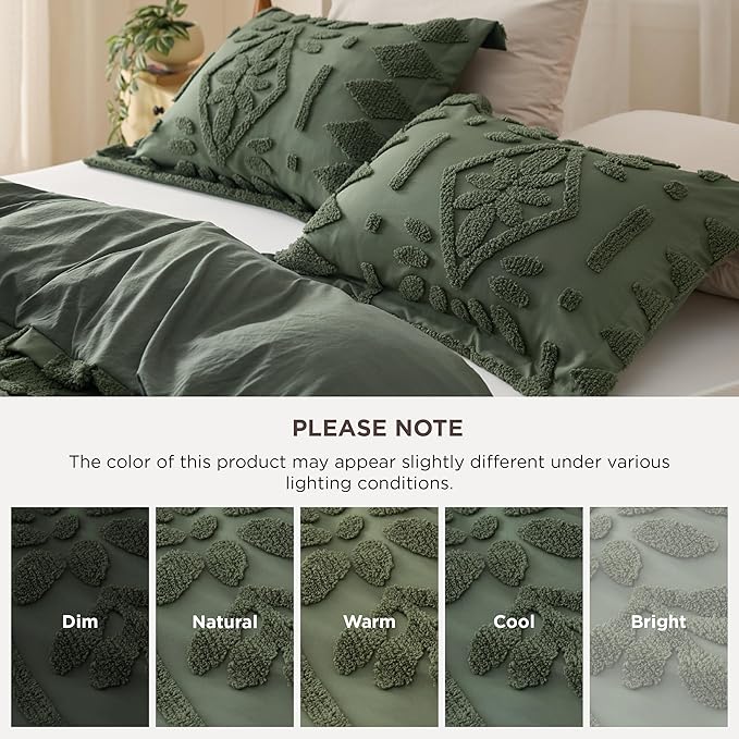 Bedsure Boho Duvet Cover Queen Size, Soft & Comfortable Elegant Design Boho Bedding for Decoration, Machine Washable Comforter Cover for All Seasons,Includes 1 Duvet Cover & 2 Pillow Shams,Olive Green